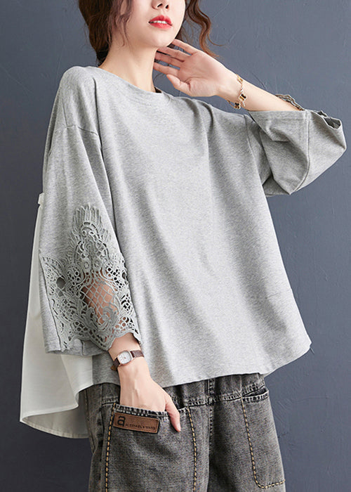 Women Grey Ruffled Lace Patchwork Cotton Tops Spring