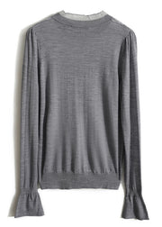 Women Grey Ruffled Patchwork Hollow Out Knit Shirts Spring