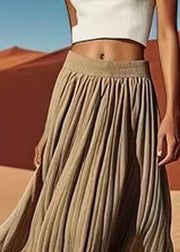 Women Grey Solid Elastic Waist Cotton Pleated Skirt Summer