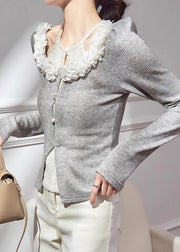 Women Grey V Neck Floral Cotton Knit Cardigans Fall