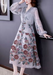 Women Grey V Neck Patchwork Embroideried Silk Cinched Dress Lantern Sleeve