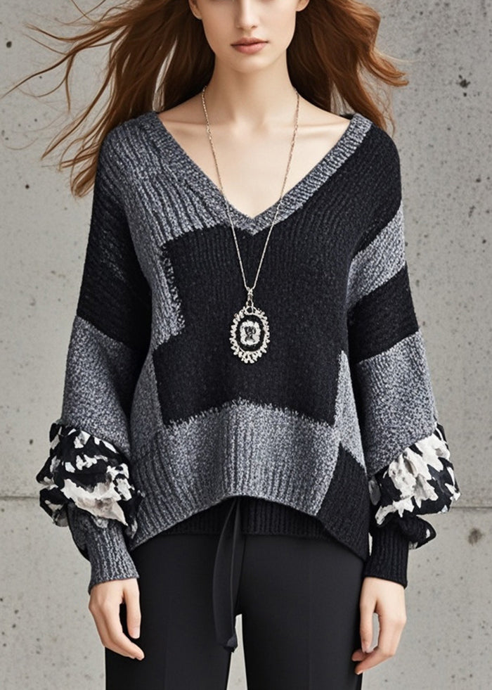 Women Grey V Neck Patchwork Knit Sweater Fall