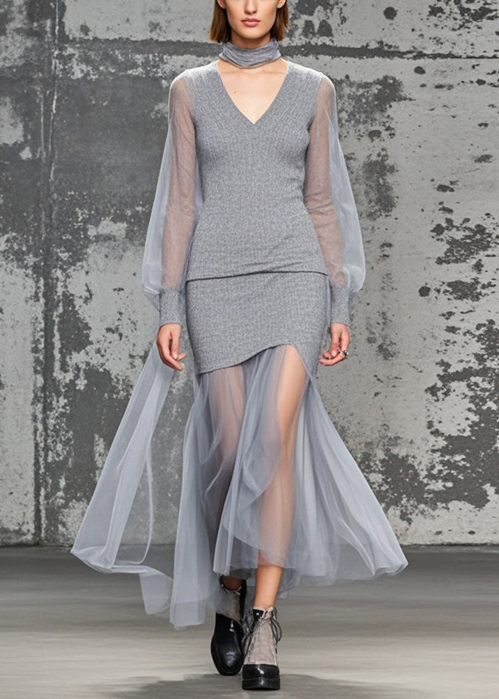 Women Grey V Neck Patchwork Tulle Knitwear Dress Fall