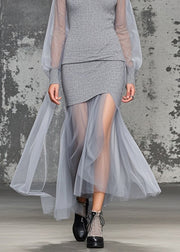 Women Grey V Neck Patchwork Tulle Knitwear Dress Fall