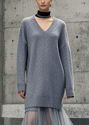 Women Grey V Neck Patchwork Tulle Knitwear Dress Winter