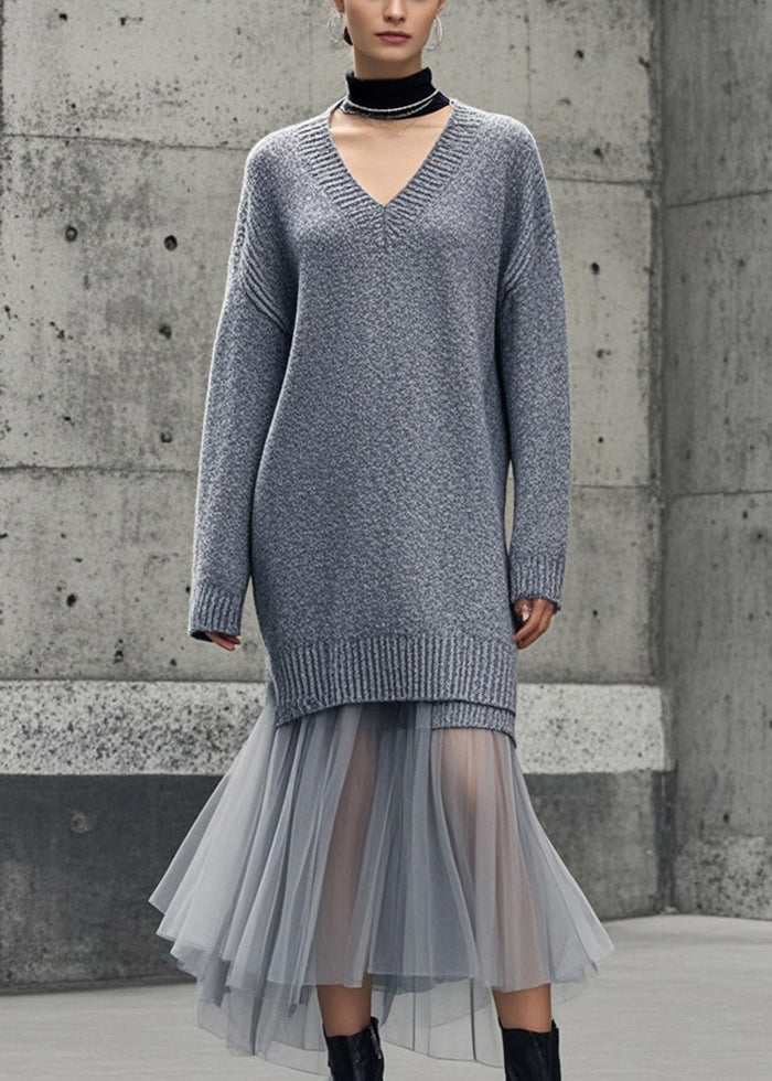 Women Grey V Neck Patchwork Tulle Knitwear Dress Winter