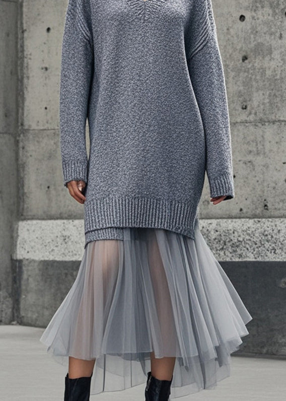 Women Grey V Neck Patchwork Tulle Knitwear Dress Winter