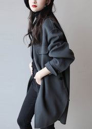 Women Haze Blue Peter Pan Collar Button Pockets Patchwork Side Open Woolen Coats Long Sleeve