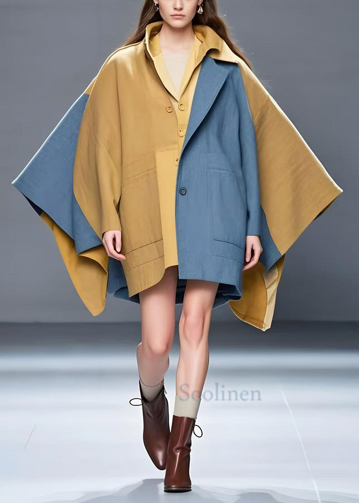 Women Khaki Asymmetrical Patchwork Cotton Trench Batwing Sleeve