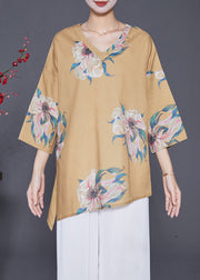 Women Khaki Asymmetrical Print Linen Shirts Summer