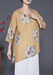 Women Khaki Asymmetrical Print Linen Shirts Summer