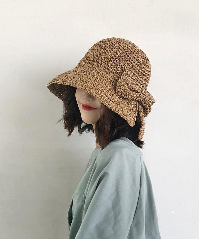 Women Khaki Bow Side Open Straw Woven Bucket Hat