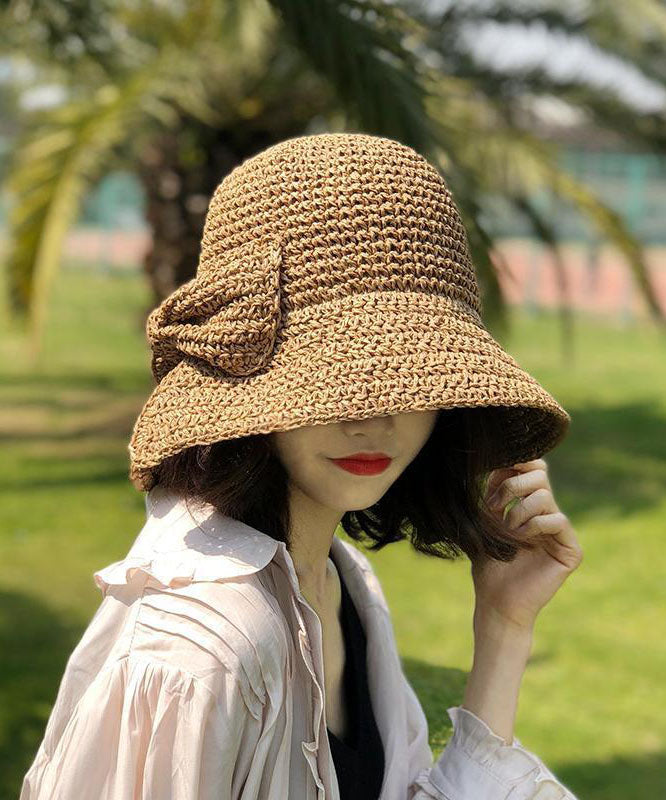 Women Khaki Bow Side Open Straw Woven Bucket Hat