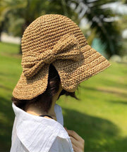 Women Khaki Bow Side Open Straw Woven Bucket Hat