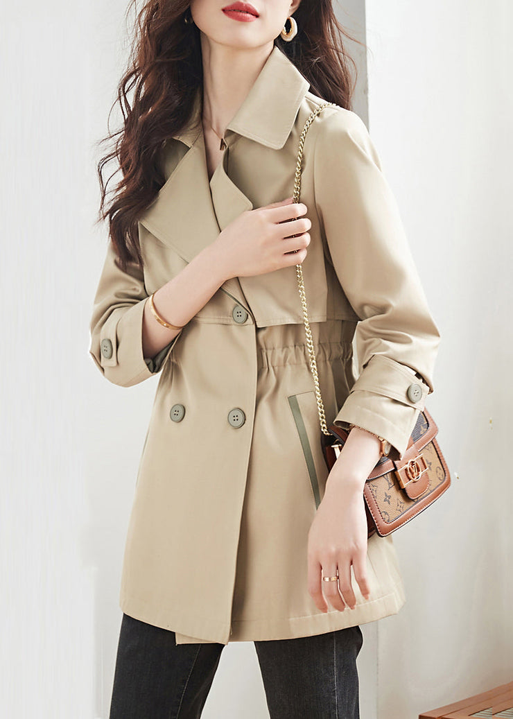 Women Khaki Double Breast Pockets Patchwork Cotton Trench Coats Fall