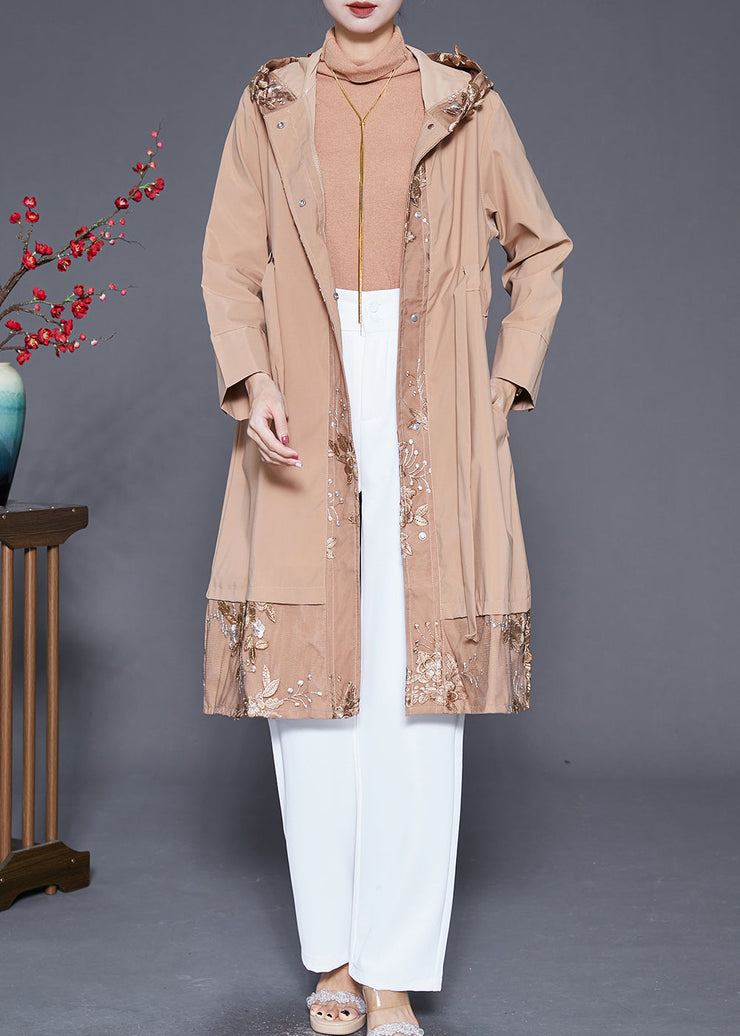 Women Khaki Embroideried Patchwork Cinched Spandex Trench Fall