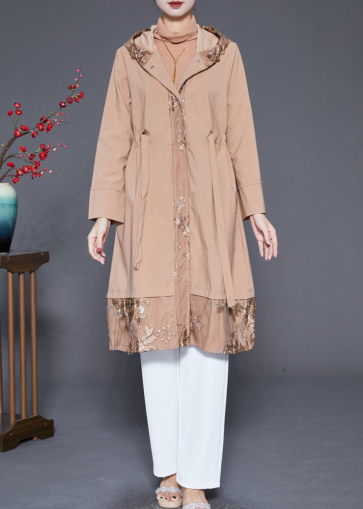 Women Khaki Embroideried Patchwork Cinched Spandex Trench Fall