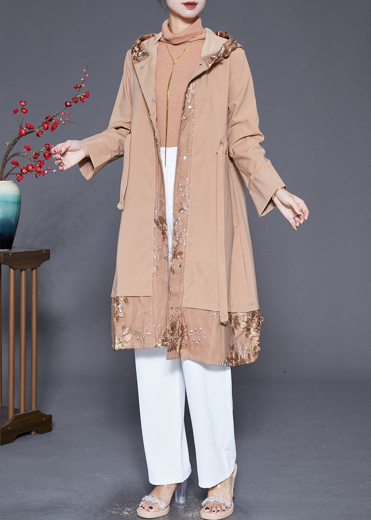 Women Khaki Embroideried Patchwork Cinched Spandex Trench Fall