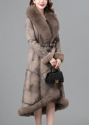 Women Khaki Fur collar Sashes Pockets Patchwork Leather And Fur Parkas In Winter