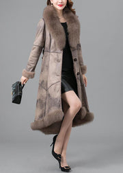 Women Khaki Fur collar Sashes Pockets Patchwork Leather And Fur Parkas In Winter