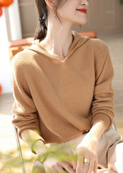 Women Khaki Hooded Oversized Wool Knit Sweater Tops Spring