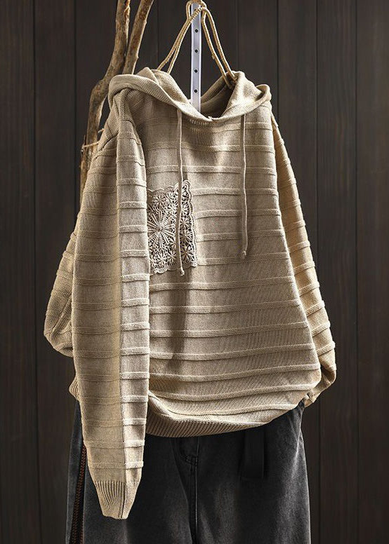 Women Khaki Hooded Pockets Cotton Knit Sweaters Long Sleeve