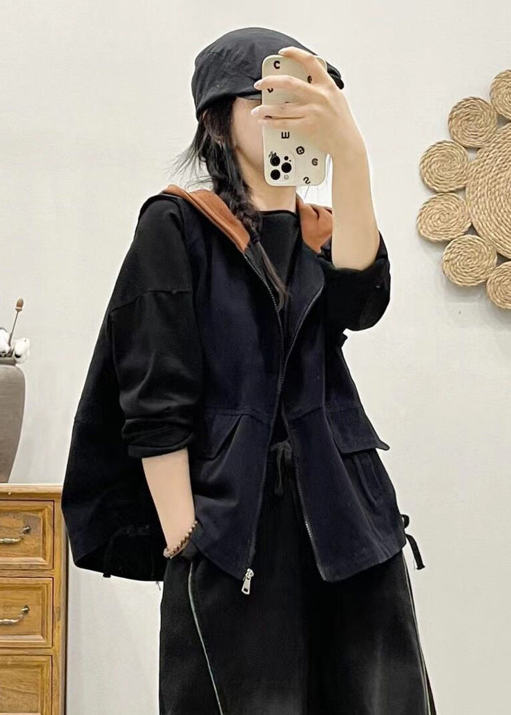 Women Khaki Hooded Zippered Patchwork Denim Vest Sleeveless