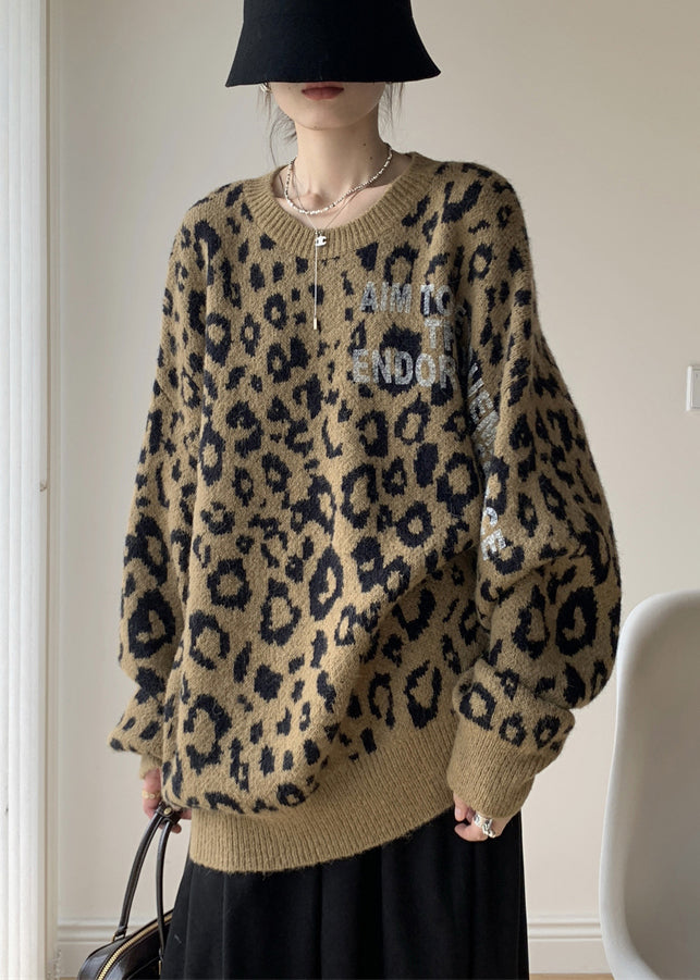 Women Khaki Leopard O Neck Cozy Knit Sweater Winter