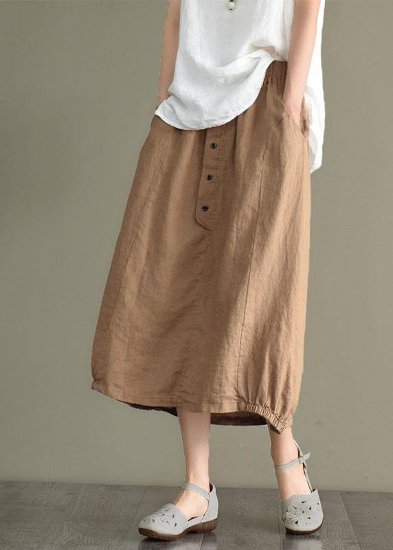 Women Khaki Linen Elastic Waist Button Skirt - bagstylebliss