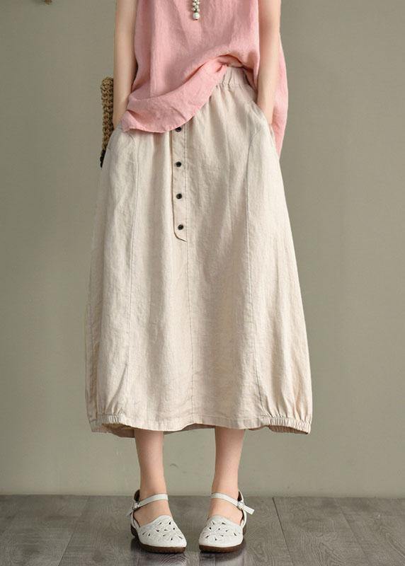 Women Khaki Linen Elastic Waist Button Skirt - bagstylebliss