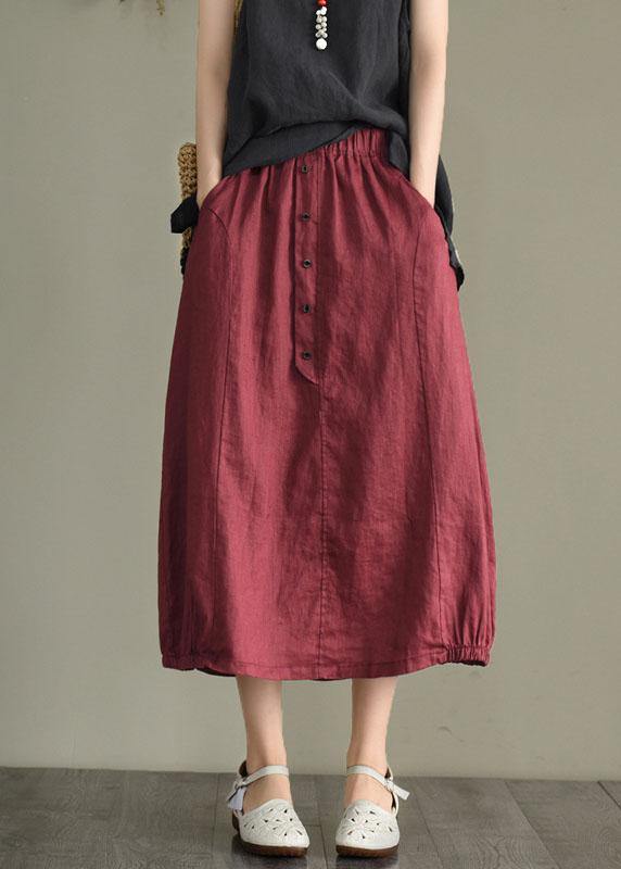 Women Khaki Linen Elastic Waist Button Skirt - bagstylebliss