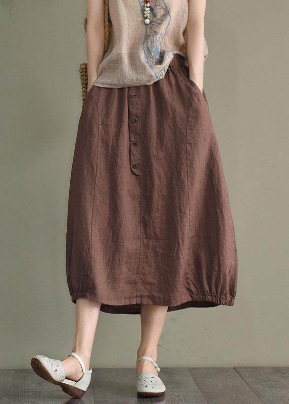 Women Khaki Linen Elastic Waist Button Skirt - bagstylebliss