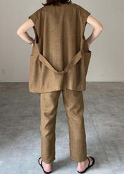 Women Khaki O-Neck Patchwork Vest And Pants Linen Two Pieces Set Spring