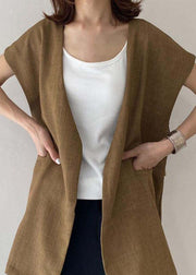 Women Khaki O-Neck Patchwork Vest And Pants Linen Two Pieces Set Spring