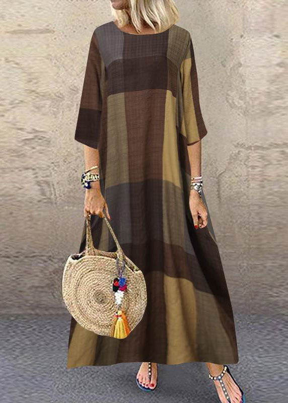 Women Khaki O-Neck Plaid Maxi Dresses Half Sleeve