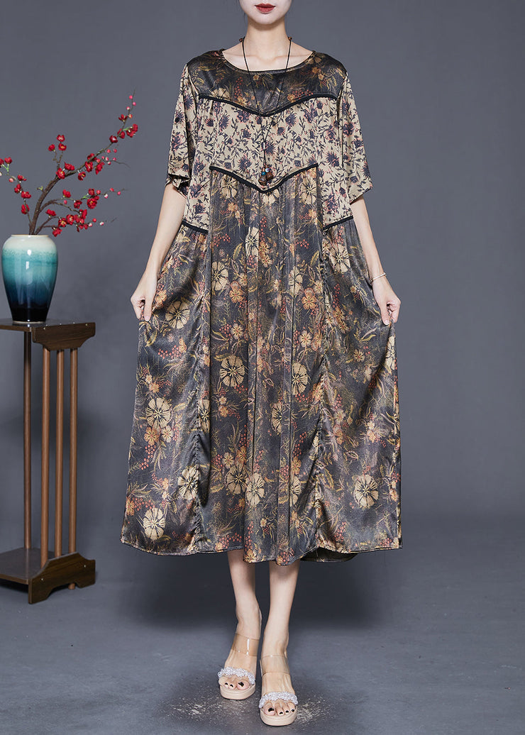 Women Khaki Oversized Patchwork Print Silk Dress Summer