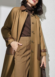 Women Khaki Peter Pan Collar Pockets Patchwork Button Wool Trench Coat Spring