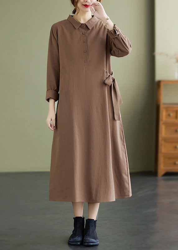 Women Khaki Peter Pan Collar tie waist Cotton Dresses Spring