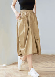 Women Khaki Pockets Elastic Waist Cotton Skirt Spring