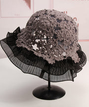 Women Khaki Ruffled Hollow Out Lace Patchwork Knit Bucket Hat