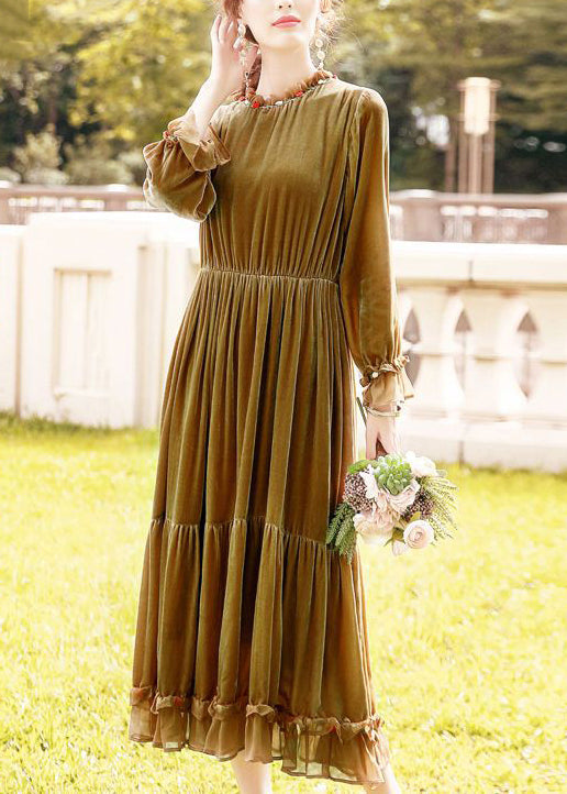 Women Khaki Ruffled Patchwork Exra Large Hem Silk Velour Dresses Spring