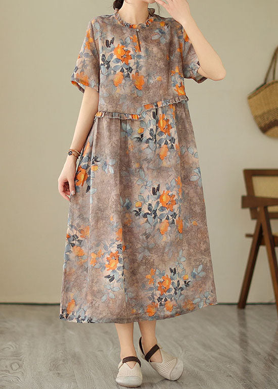 Women Khaki Ruffled Print Patchwork Cotton Dresses Summer