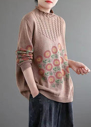 Women Khaki Turtleneck Print Patchwork Knitted Cotton Sweaters Fall