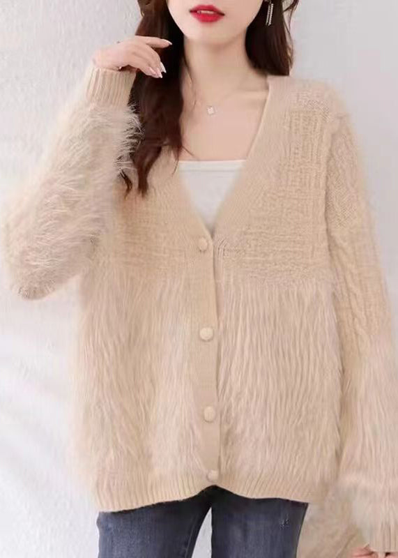 Women Khaki V Neck Patchwork Mink Hair Knitted Cardigan Fall