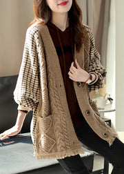 Women Khaki V Neck Plaid Patchwork Tassel Knit Coats Fall