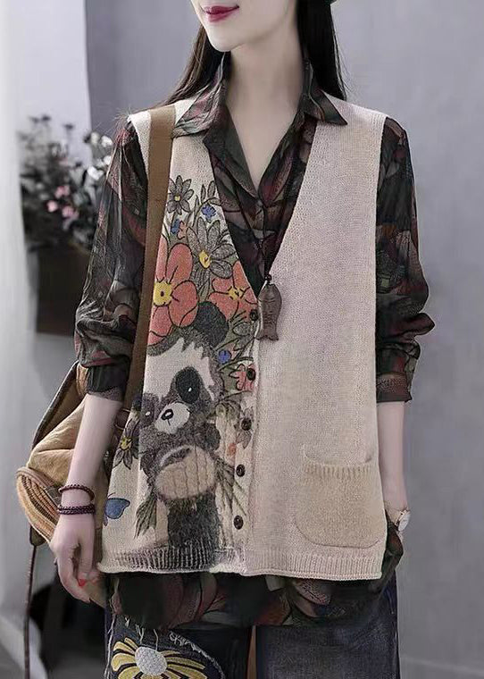 Women Khaki V Neck Print Button Cotton Knit Waistcoat Sleeveless