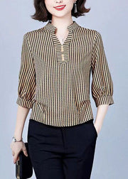 Women Khaki V Neck Striped Silk Shirts Bracelet Sleeve