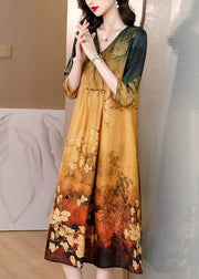 Women Khaki V Neck Tie Dye Print Silk Maxi Dresses Half Sleeve