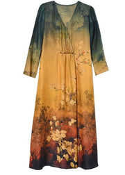 Women Khaki V Neck Tie Dye Print Silk Maxi Dresses Half Sleeve