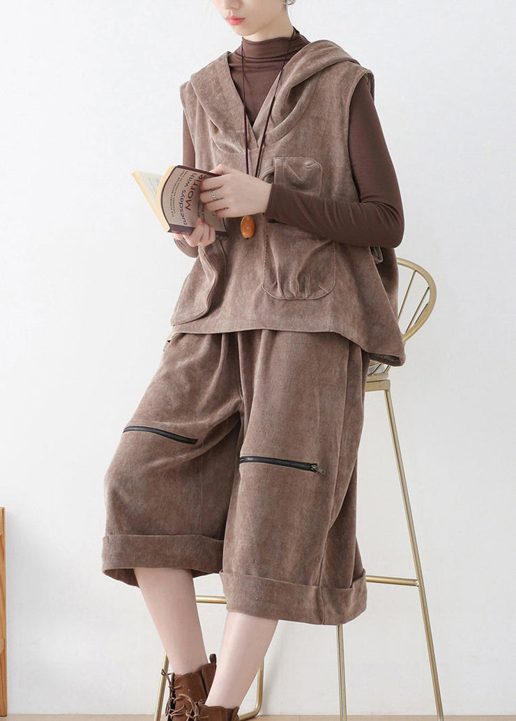 Women Khaki Velour Hooded Waistcoat And Crop Pants Two Pieces Set Fall